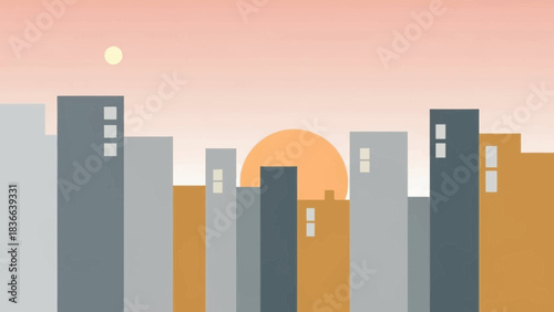 Cityscape with buildings and a sun setting or rising.