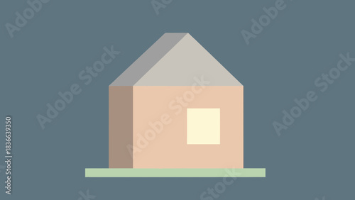 A simple geometric house with a pitched roof and one window.