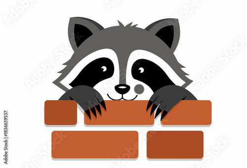 Charming Cartoon Raccoon Peeking Playfully Over Brick Wall with Adorable Expression in Whimsical Vector Art Illustration