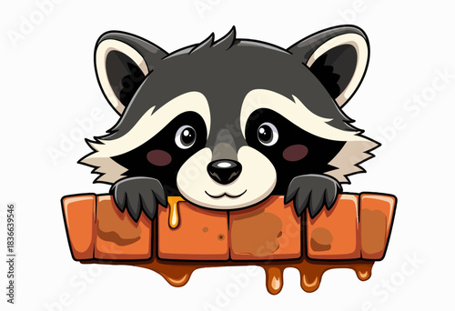 Adorable Cartoon Raccoon Peeking Over Brick Wall with Playful Expression and Honey Drooling Effect Illustration