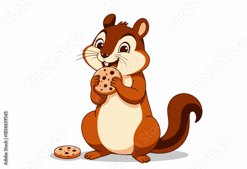 Illustration of a Cheerful Squirrel Happily Enjoying a Chocolate Chip Cookie with an Extra Cookie Placed by its Feet on a White Background
