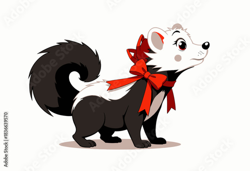 Adorable cartoon skunk with fluffy tail and festive red bow showcasing playful charm in cute animal illustration