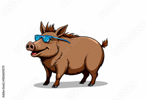 Illustration of a Cool Cartoon Boar Wearing Blue Sunglasses Standing Confidently on a White Background with a Playful Expression