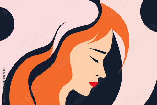Elegant minimalist female profile illustration with long flowing orange hair and closed eyes on a dark navy and pastel pink abstract background, modern flat vector art of serene woman, beauty and fash