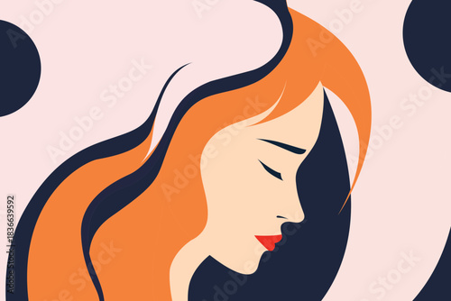 Elegant minimalist female profile illustration with long flowing orange hair and closed eyes on a dark navy and pastel pink abstract background, modern flat vector art of serene woman, beauty and fash