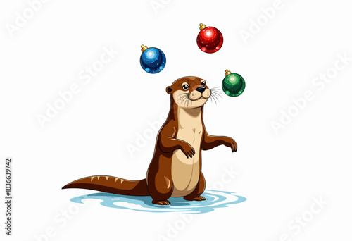 Playful Otter Joyfully Juggling Festive Christmas Ornaments in a Cheerful and Lively Display of Acrobatics and Fun