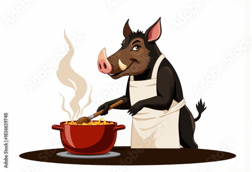 Cartoon wild boar cooking with apron and wooden spoon, stirring a steaming stew in a red pot on a stove, showcasing culinary skills and playful animation character design