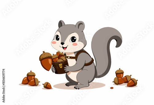 Cheerful Cartoon Squirrel Holding Basket Full of Acorns with Scattered Nuts on White Background
