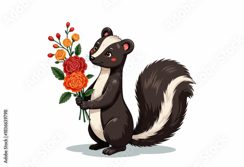 Charming Skunk Holding Vibrant Bouquet Showcasing Nature's Beauty with Delicate Roses and Lush Greenery in a Playful Illustration