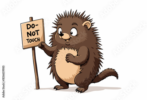 Illustration of a Cheery Porcupine Holding a Sign with a Friendly Warning Message Advising Viewers Not to Touch for Safety and Cautionary Reasons
