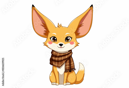 Adorable Cartoon Fennec Fox Wearing a Cozy Brown Plaid Scarf and Sitting Down with Large Ears and Bright Expressive Eyes