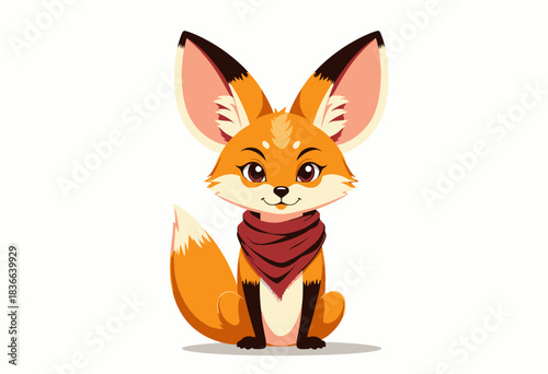 Adorable Cartoon Fennec Fox with Red Bandana Sitting and Smiling with Large Ears and Bushy Tail in Charming Digital Illustration