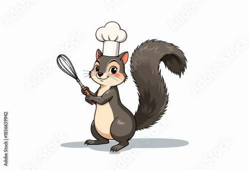 Cheerful Cartoon Squirrel Chef Whisking Ingredients with Enthusiasm and Expert Skill in Whimsical Kitchen Setting