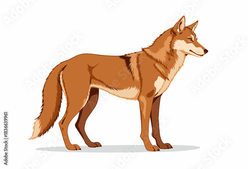 Illustration of a red-furred wild canine with striking golden eyes and distinct black-tipped ears standing majestically against a clean white background
