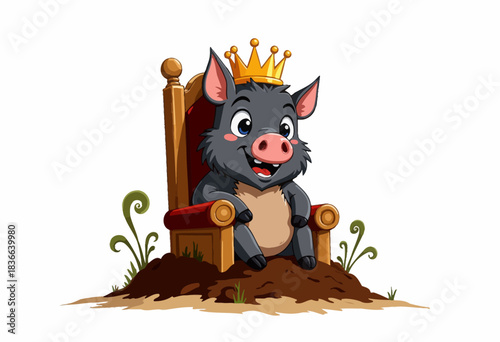 Charming Cartoon Boar Sitting on a Royal Throne with Crown Surrounded by Playful Nature Elements in a Whimsical Illustration Setting