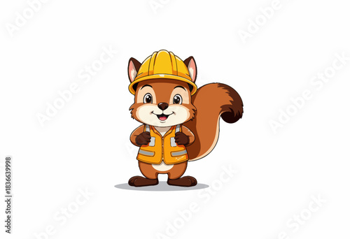 Adorable Cartoon Squirrel Wearing a Construction Hard Hat and Safety Vest Standing Cheerfully on a Plain White Background