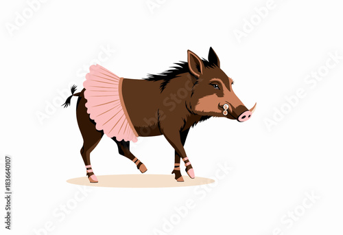 Whimsical Illustration of a Wild Boar in Ballet Attire with Pink Tutu and Pointe Shoes on a Clean White Background