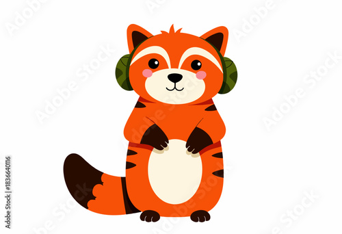 Cute Illustrated Red Panda Wearing Green Earmuffs with Cheerful Expression on White Background