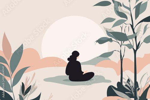 Calm woman meditating in nature at sunrise minimal landscape, modern flat vector illustration of mindfulness and self care with female silhouette sitting cross legged among abstract plants and soft pa