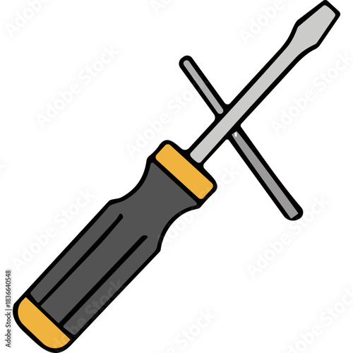 A Flathead Screwdriver with a Gray Handle and Yellow Accents on a Black Background