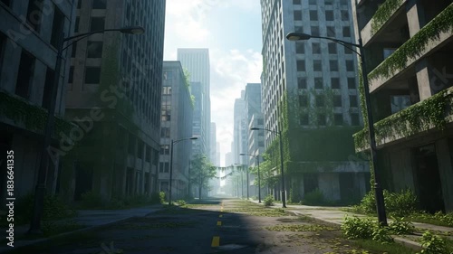 Abandoned Overgrown City Street with Streetlights and Faded Road Markings