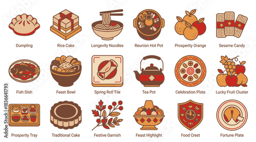 Celebrate Chinese New Year with this delicious food icon set featuring fortune cookies, dumplings, noodles, tea and more for a festive feast!