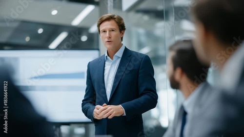 A CEO standing at the head of a glass-walled conference room, presenting a bold strategic vision on a massive digital screen as the executive team listens intently — corporate leadership,
