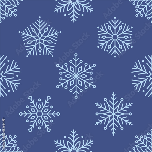 Seamless pattern with cute minimalist snowflakes. Gentle winter holiday design for Christmas, New Year. Perfect for banner, wallpaper, wrapping paper, background, card, poster. Vector illustration