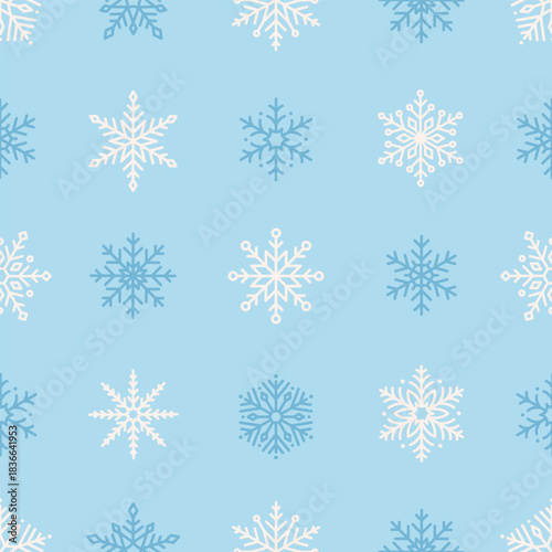 Seamless pattern with cute minimalist snowflakes. Gentle winter holiday design for Christmas, New Year. Perfect for banner, wallpaper, wrapping paper, background, card, poster. Vector illustration