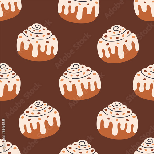 Seamless pattern with cute cinnamon roll with sugar glaze and chocolate. Swirl cinnamon bun. Perfect for banner, wallpaper, wrapping paper, background, card, poster. Vector illustration