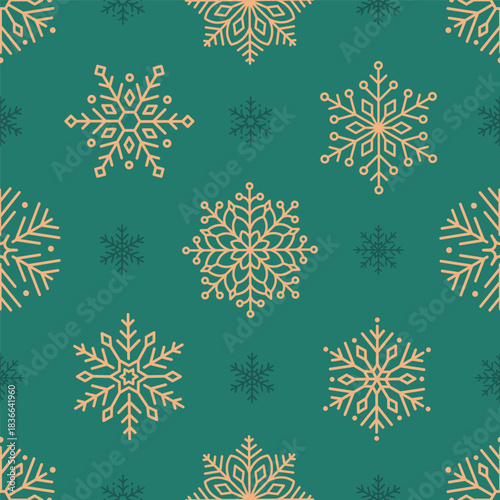 Seamless pattern with cute minimalist snowflakes. Gentle winter holiday design for Christmas, New Year. Perfect for banner, wallpaper, wrapping paper, background, card, poster. Vector illustration