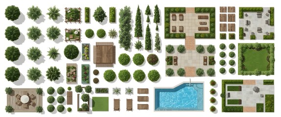 Canvas schilderij Wit 2D top-down landscape vector set with garden elements, plants, outdoor textures for CAD, Revit, Illustrator, Photoshop layouts  © Milka