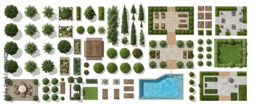 2D top-down landscape vector set with garden elements, plants, outdoor textures for CAD, Revit, Illustrator, Photoshop layouts