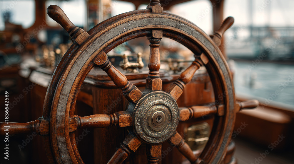 Obraz premium “A close-up photo of a boat’s wooden steering wheel, highlighting its polished texture and nautical design.”