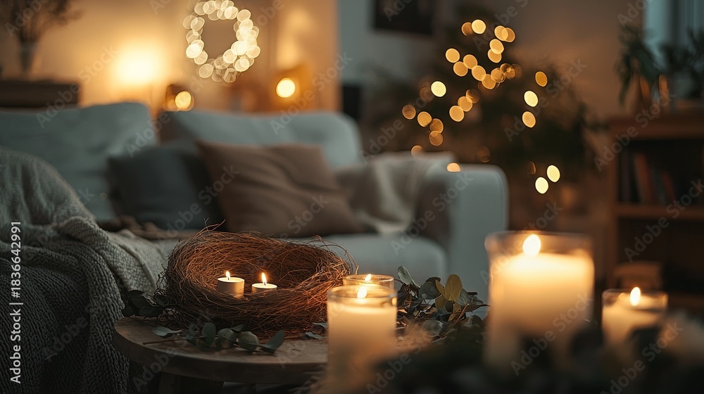 Obraz premium A Cozy and Inviting Ambient Fireplace Decorated with Candles and Sparkling Holiday Lights for Comfort