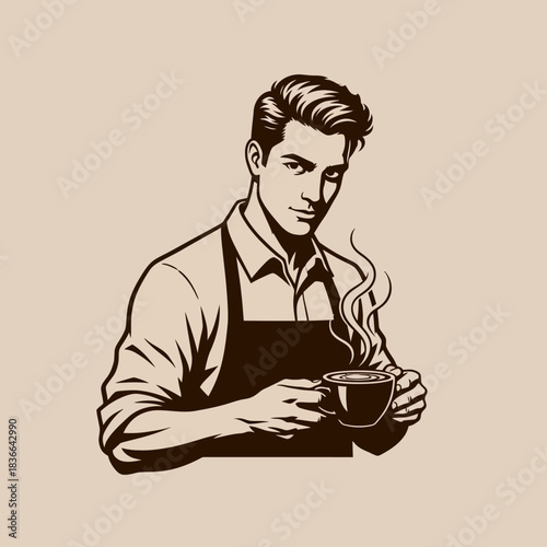 A stylishly drawn illustration of a man in an apron holding a steaming cup of coffee.