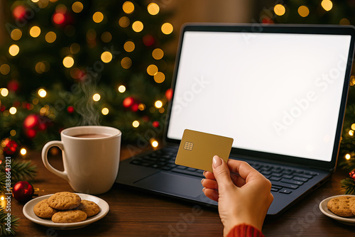 Shopping online during the holiday season with cookies and a warm drink