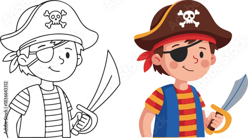 Cartoon Pirate Boy with Sword and Eye Patch Coloring Page and Colored Version background