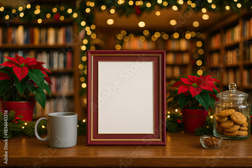 Cozy holiday scene with empty frame, coffee cup, and festive decor in a library setting