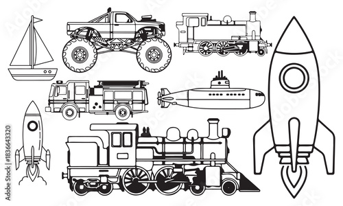 Collection of cartoon vehicles and transportation modes sailboat, boat, monster truck