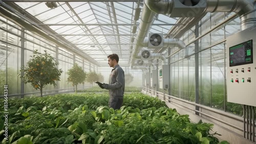 Medium shot of ventilation system being finetuned to circulate fresh air and manage heat inside a greenhouse. Lush green plants in background.