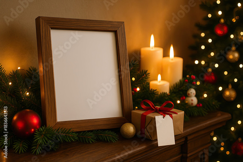 Decorative Christmas setting with empty frame, candles, and gift box beside a festive tree
