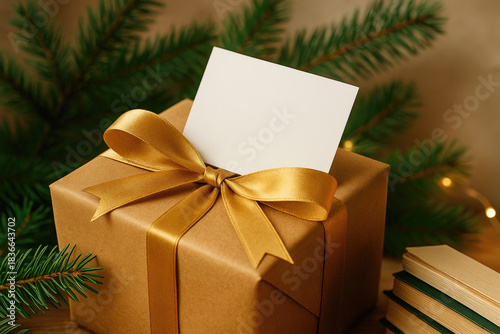 Brown gift box with golden ribbon and blank card surrounded by festive greenery