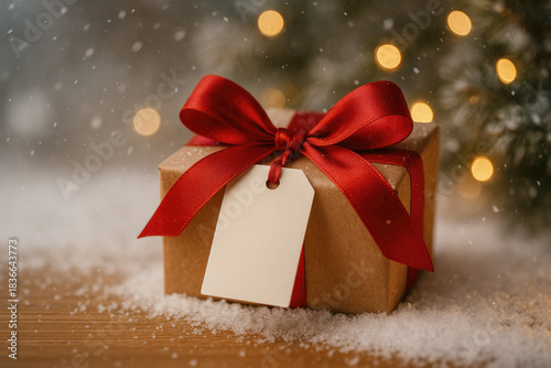 A gift wrapped in brown paper and red ribbon rests on snow during the festive season