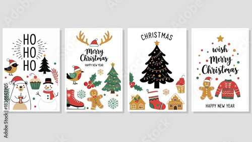 Christmas Greeting Cards with Festive Characters and Symbols holiday new year