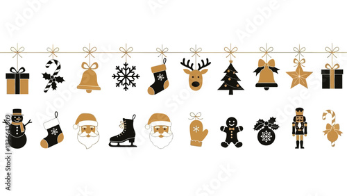 Christmas Icons Set in Black and Gold Colors Hanging on Strings Keywords christmas, icon, set, black, gold, hanging, string
