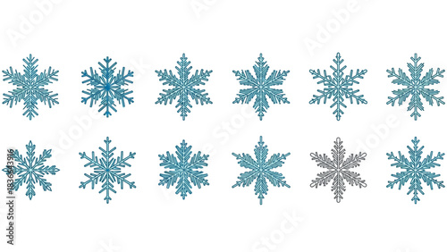 Collection of Blue and Gray Glittering Snowflakes on White Background 