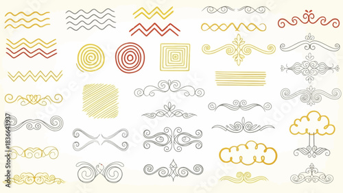 Collection Of Hand Drawn Decorative Swirls Waves Lines And Shapes In Gold Silver Red vector illustration