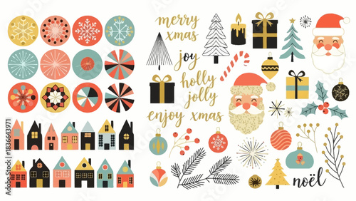 Festive Christmas Elements Including Houses, Santa, Ornaments, and Text Keywords: christmas, holiday, festive, Santa Claus
