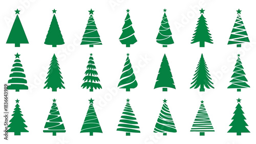 Set of Green Christmas Tree Icons in Various Styles and Designs holiday winter